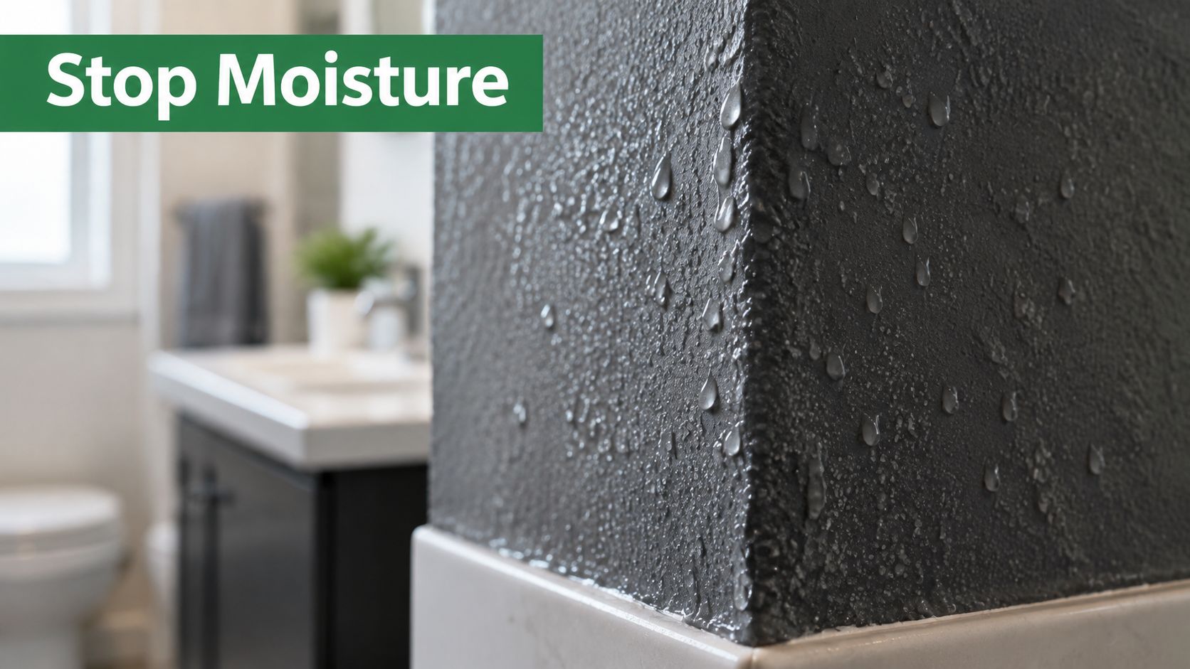 Condensation droplets forming on a dark textured bathroom wall, illustrating the need to stop moisture buildup.