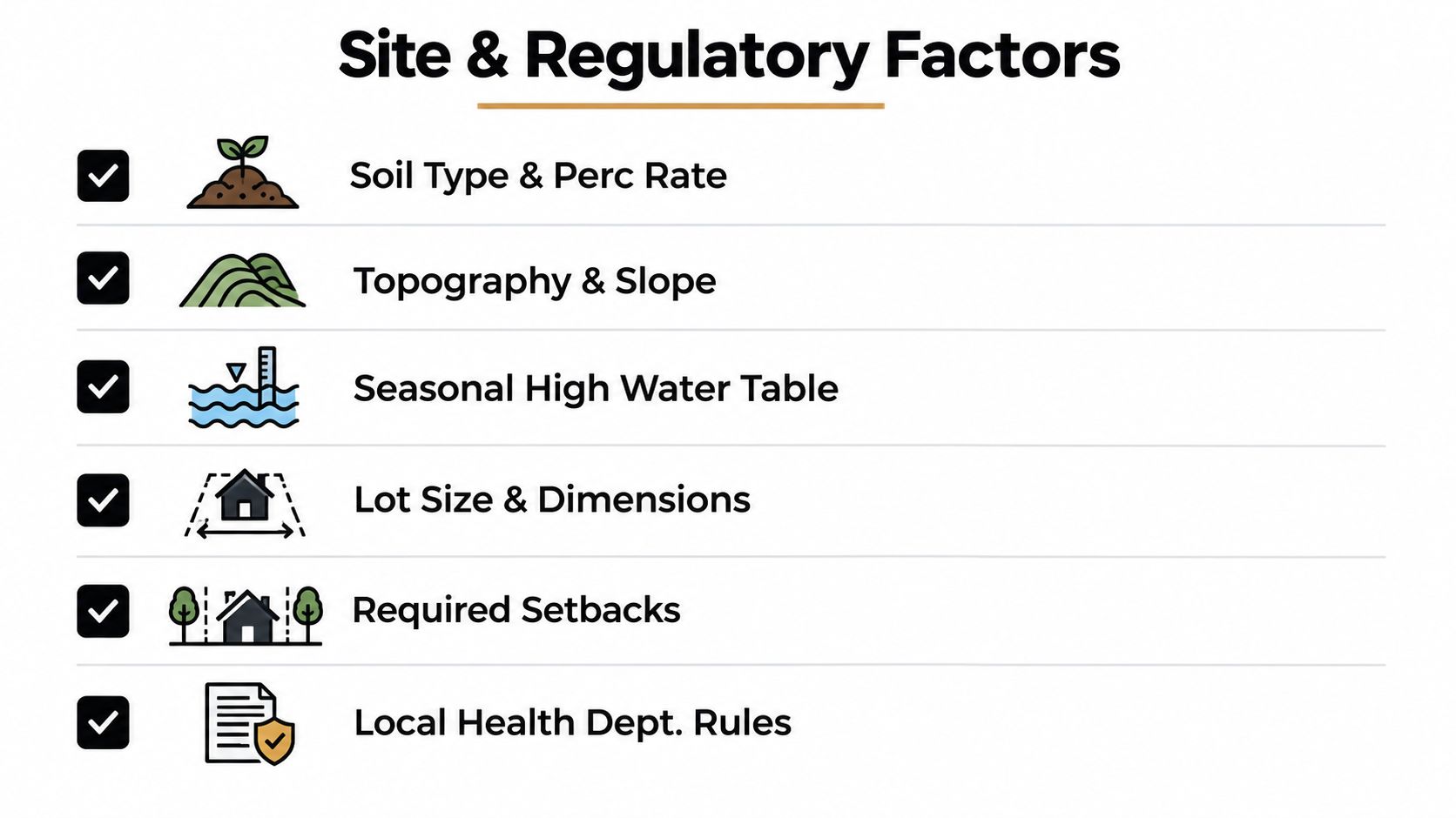 A checklist infographic listing site and regulatory factors required for planning a septic system installation.