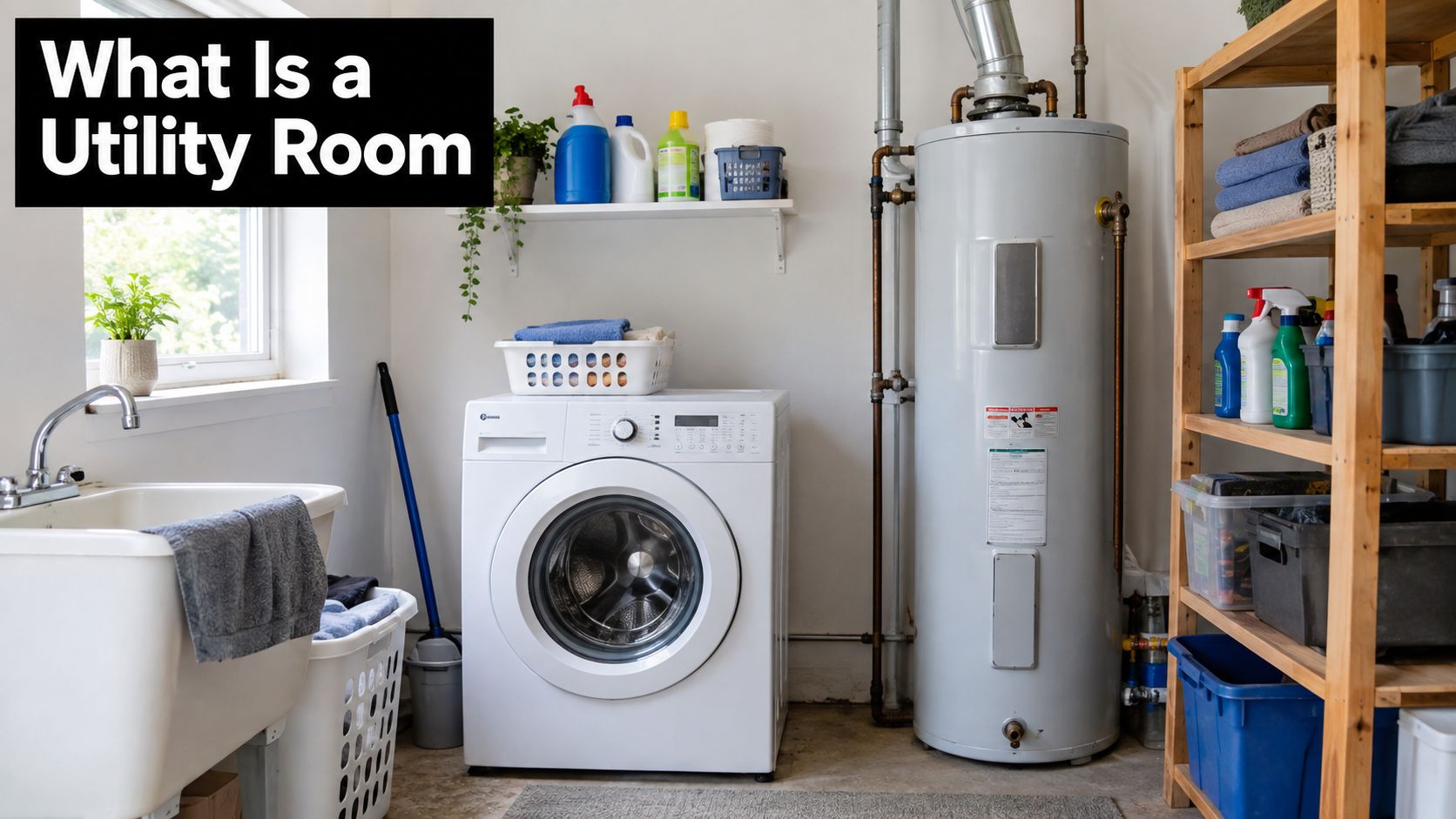 A domestic utility room featuring a washing machine, water heater, laundry sink, and shelves with cleaning supplies.