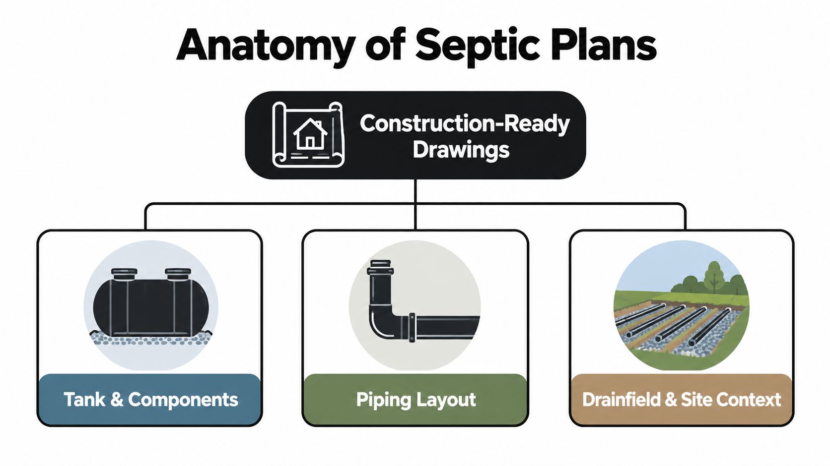 A diagram illustrating the anatomy of septic system plans, featuring tank components, piping, and drainfield site layouts.
