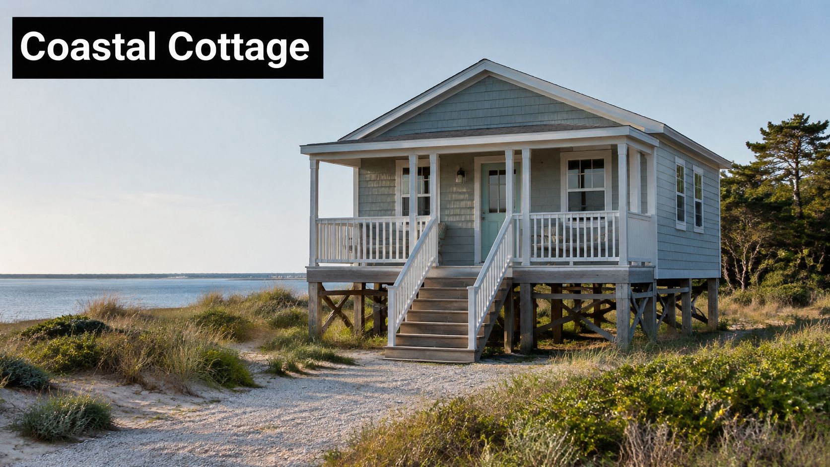 A charming coastal cottage on stilts overlooking a serene beach at sunset with soft lighting.