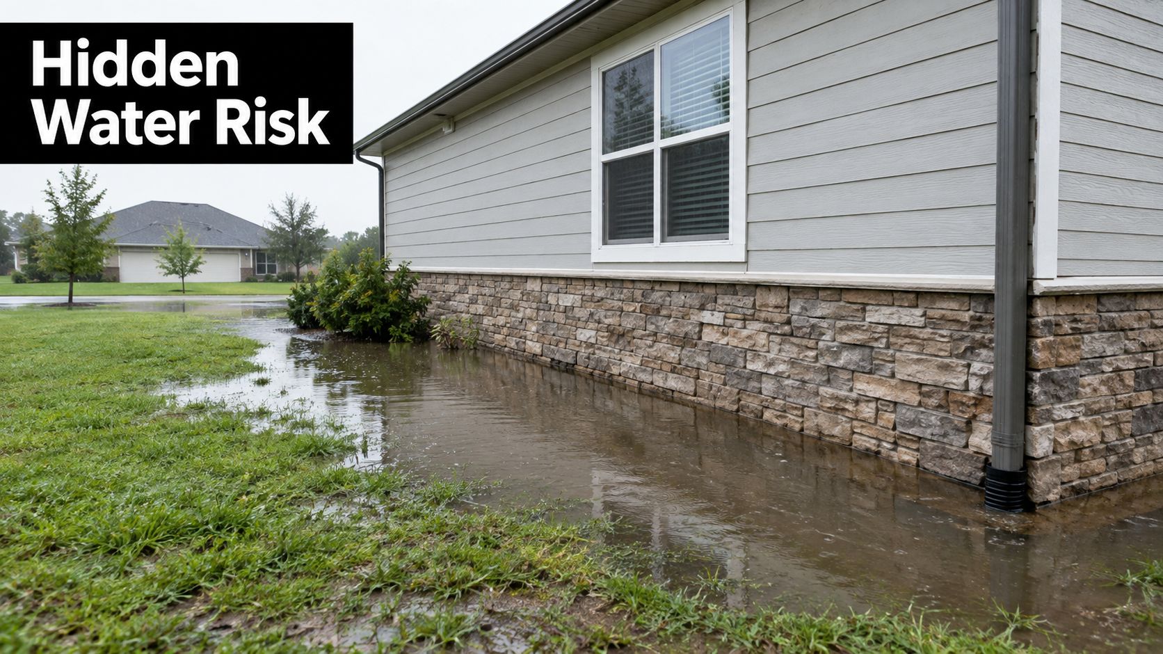Rainwater pooling against the stone veneer foundation and siding of a house due to poor drainage.
