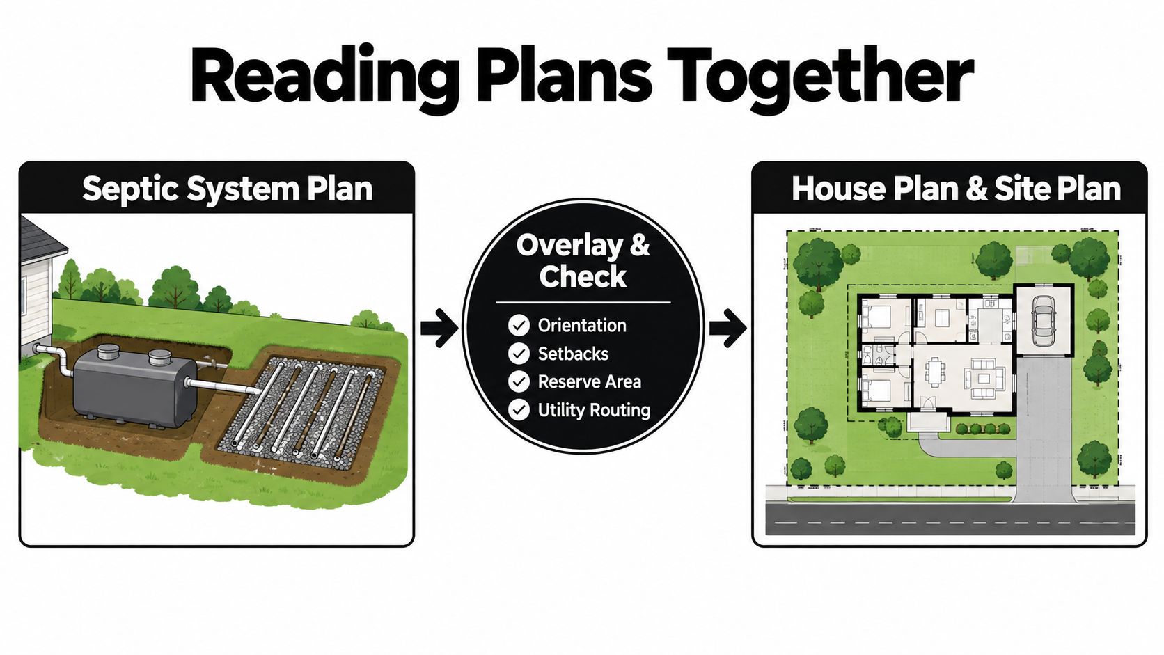 An infographic illustrating the process of overlaying septic system plans with house and site plans.