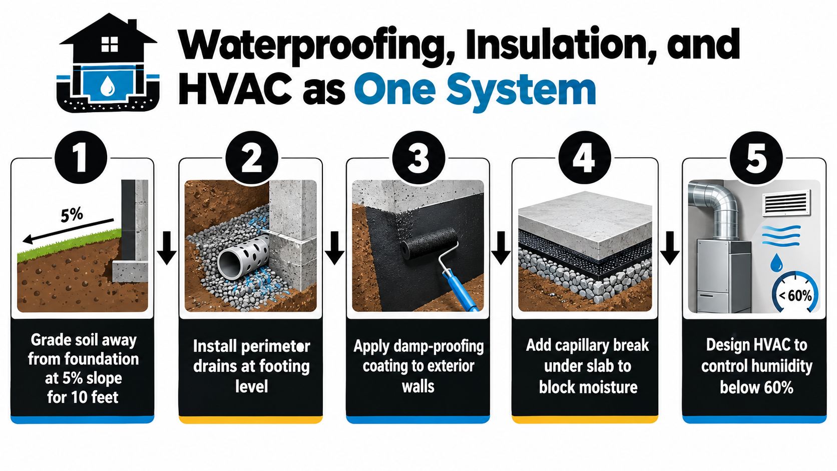 A five-step infographic showing how to waterproof a house basement, insulate, and manage HVAC systems properly.
