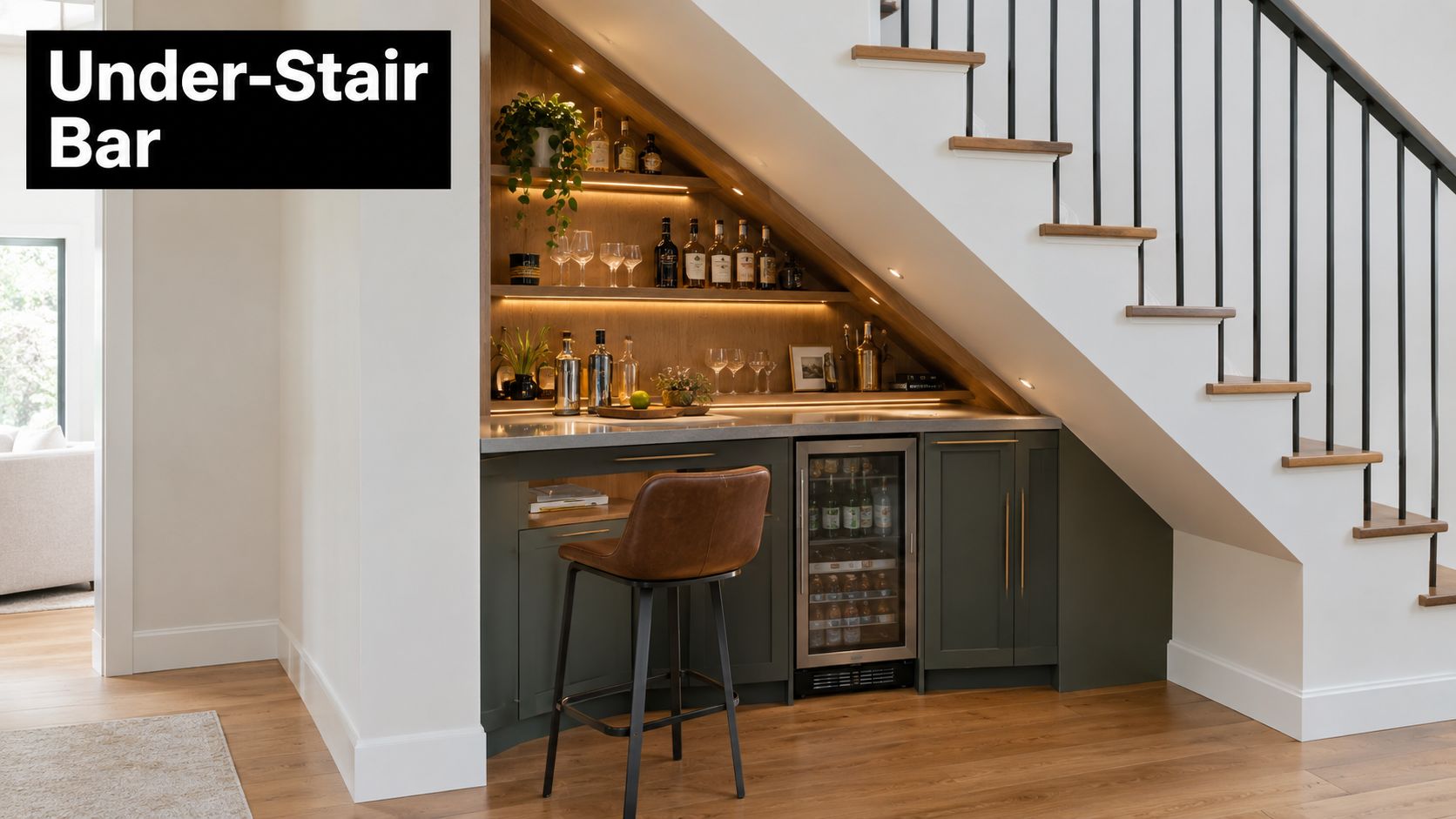 A stylish home bar built into the nook underneath a white staircase with wooden steps.