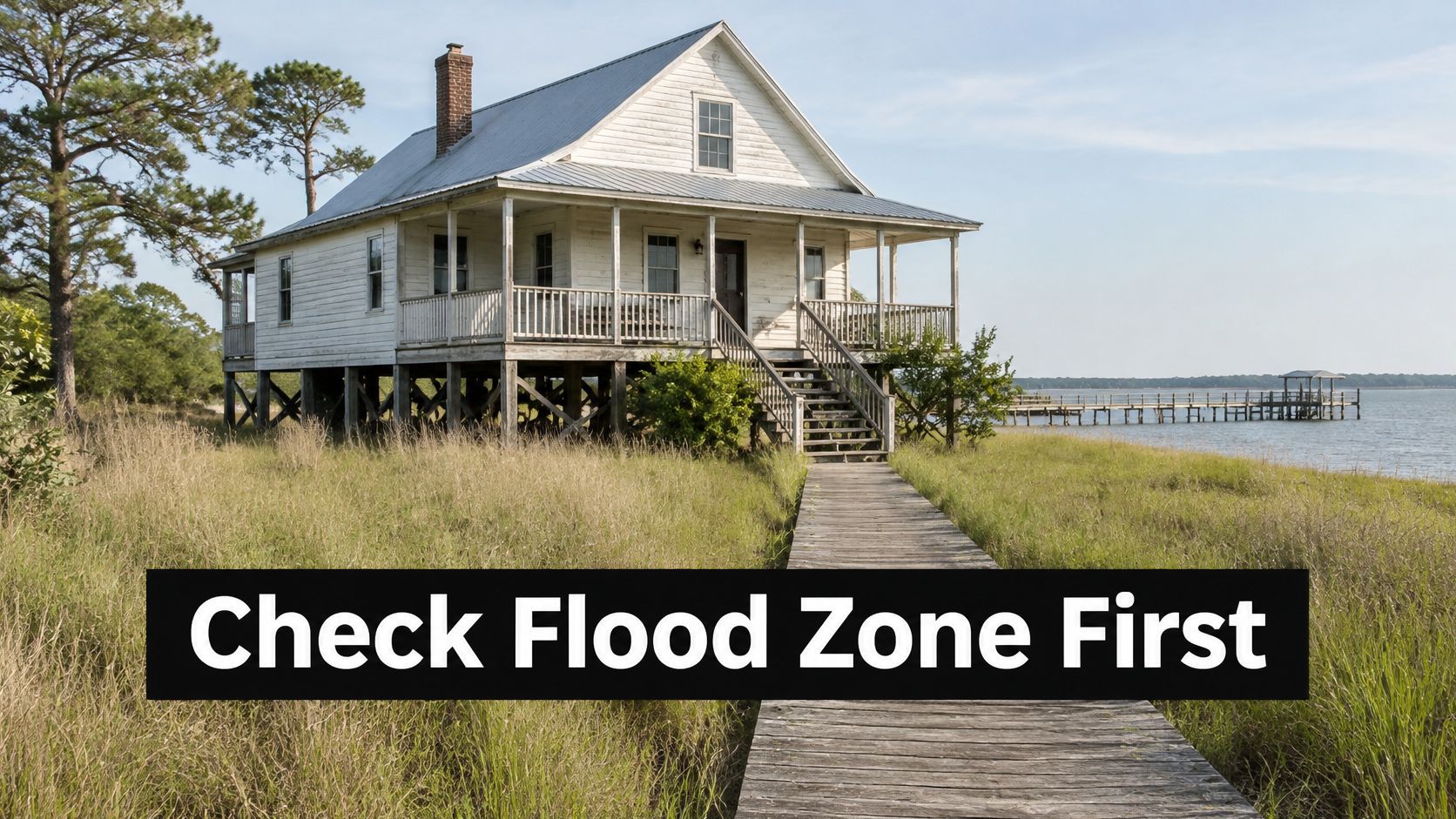 A rustic white stilt house with a wrap-around porch overlooking a calm bay and wooden dock.