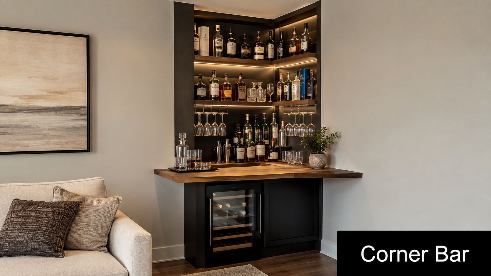 A sophisticated corner home bar featuring backlit wooden shelves filled with premium liquor bottles and glassware.