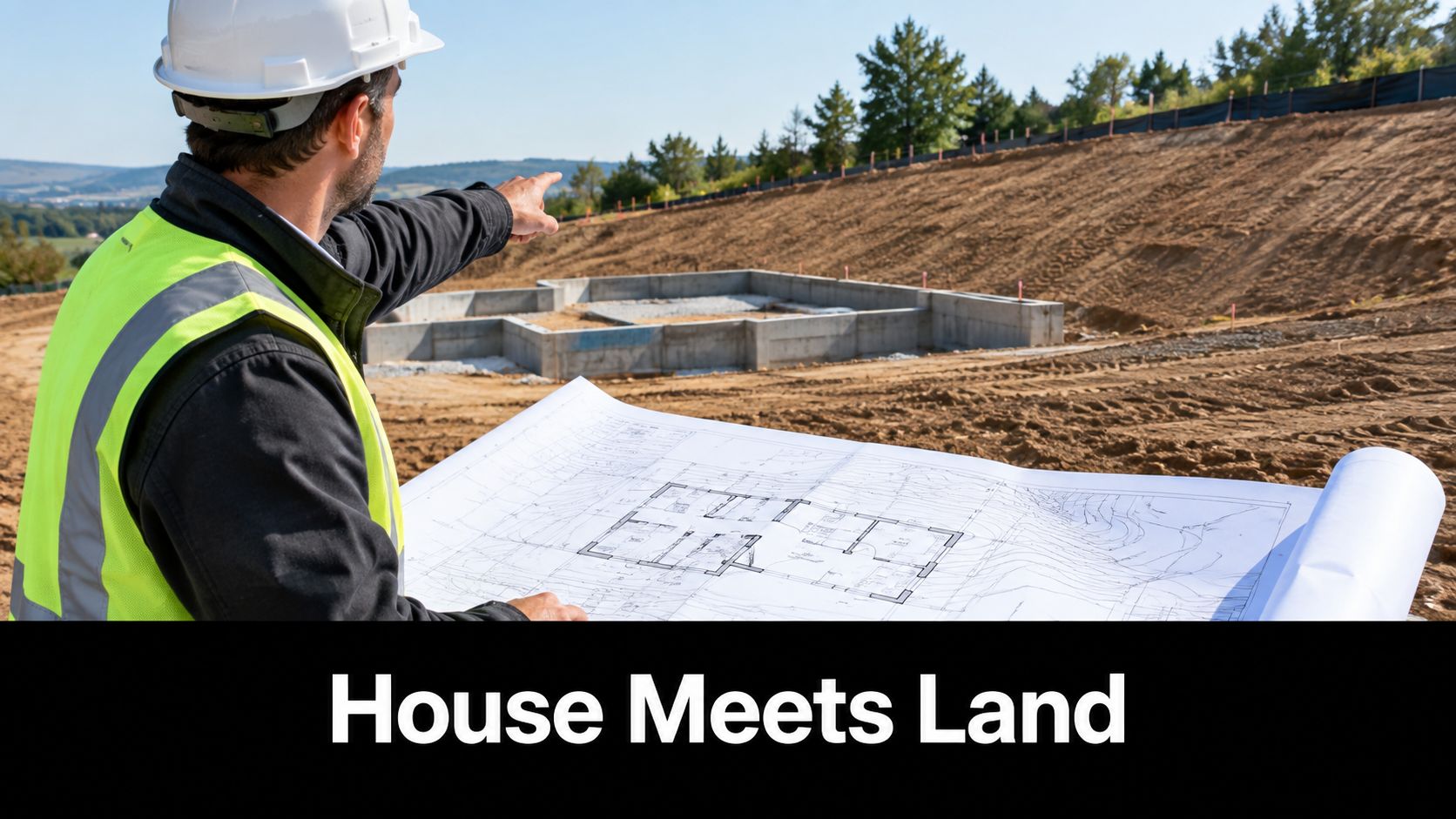 A construction engineer in a hard hat and safety vest pointing toward a residential house foundation.