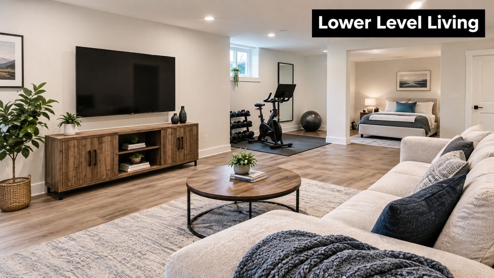 A modern, spacious basement interior featuring a cozy living room area, a home gym, and a bedroom.