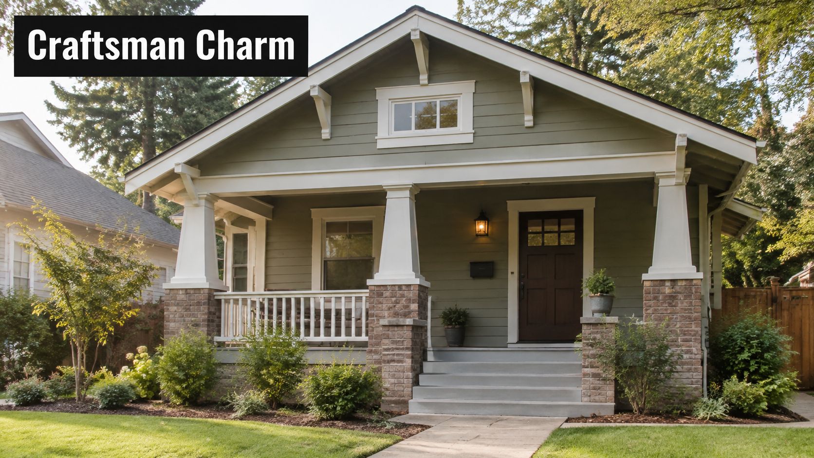 A charming sage green craftsman style home featuring a covered front porch and stone pillar accents.