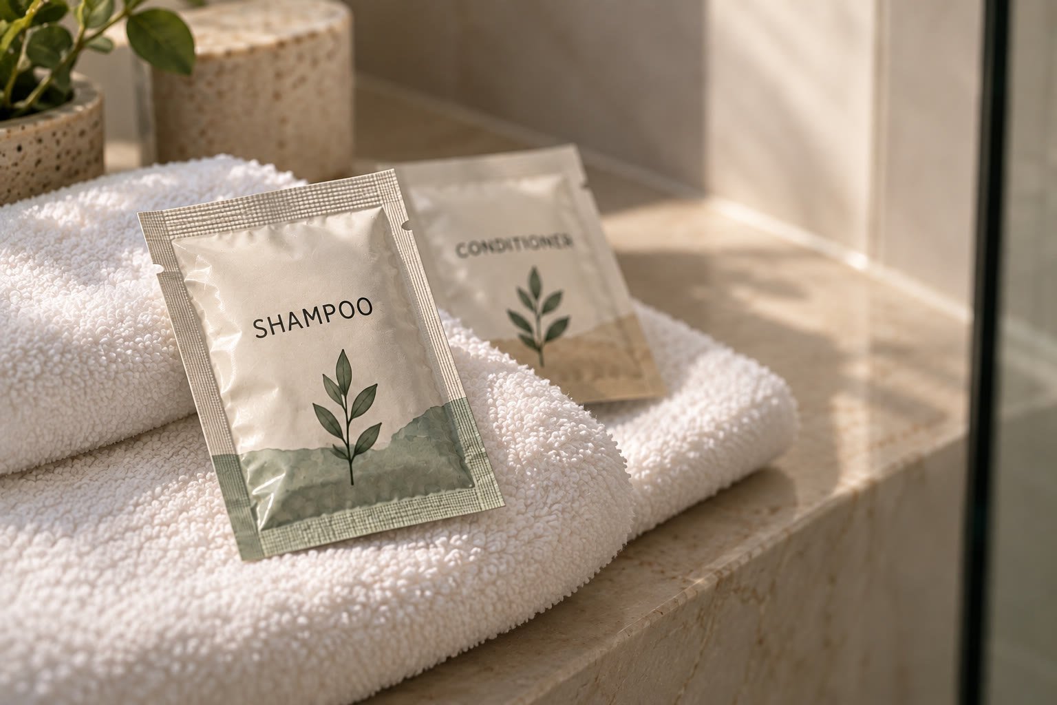 Close-up photograph of a sealed, unopened shampoo and conditioner sachet standing upright on a plush folded white towel, catching soft natural light, as if a guest has just noticed them left for their stay