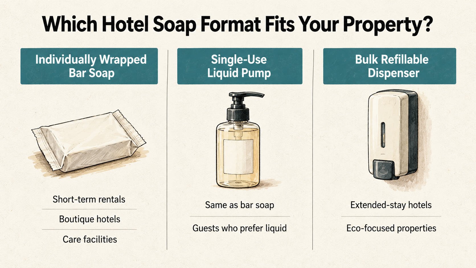 Hotel soap format comparison: individually wrapped bar soap vs single-use liquid pump vs bulk refillable dispenser — use cases and tradeoffs for hotels and short-term rentals