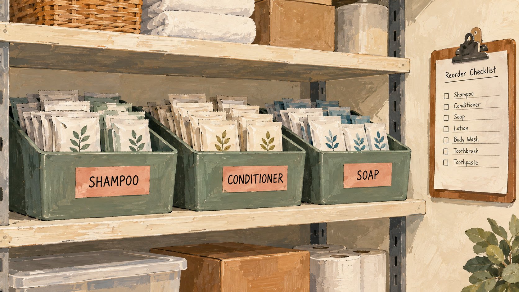 Gouache illustration of a tidy supply shelf with three labeled storage bins for shampoo, conditioner, and soap filled with individually wrapped sachets, and a reorder checklist clipboard on the wall, mid-century American advertising illustration style