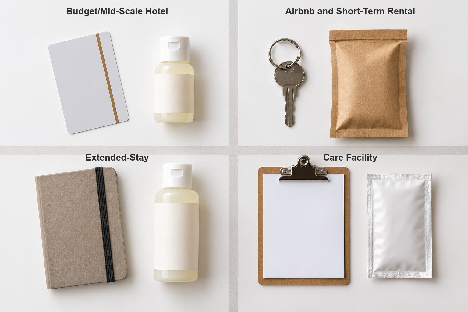 Body wash format guide by property type flat lay: hotel key card, Airbnb key, extended-stay notebook, care facility clipboard each paired with their recommended body wash format