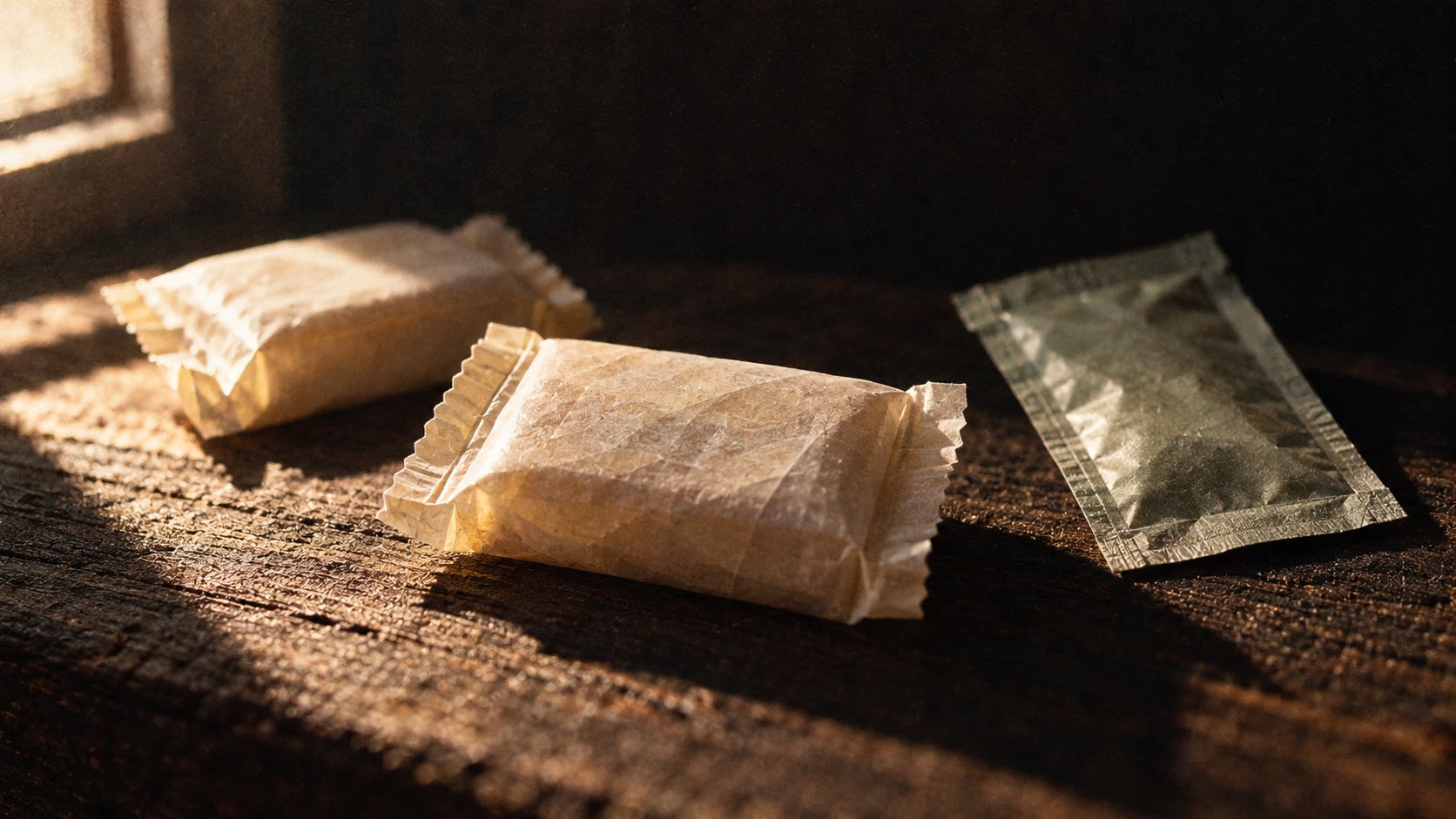 Sealed hotel soap bars and a shampoo sachet on a dark textured surface with dramatic single-source side lighting