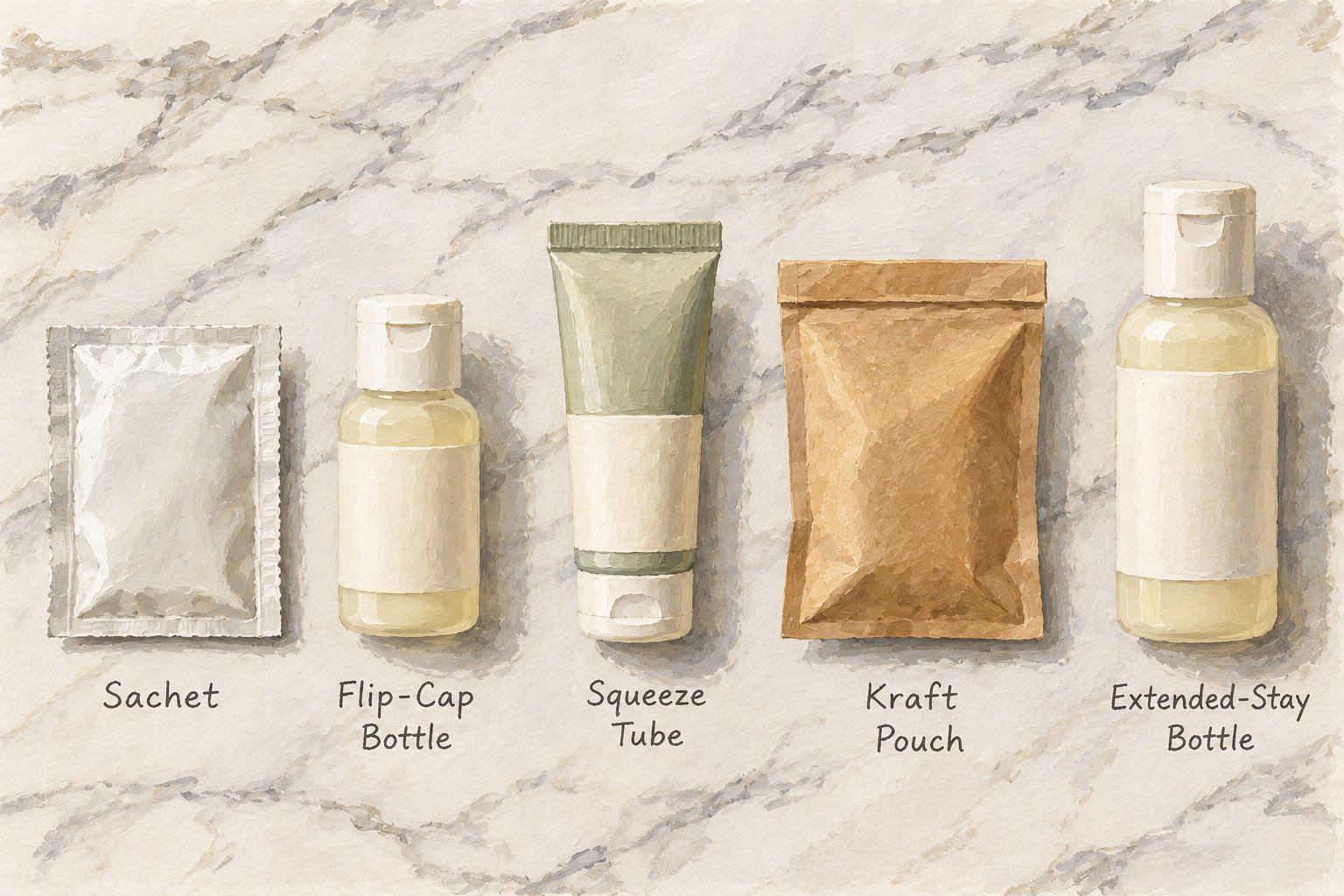 Hotel travel size body wash formats comparison: sachet, flip-cap bottle, squeeze tube, kraft pouch, and extended-stay bottle arranged as a flat lay