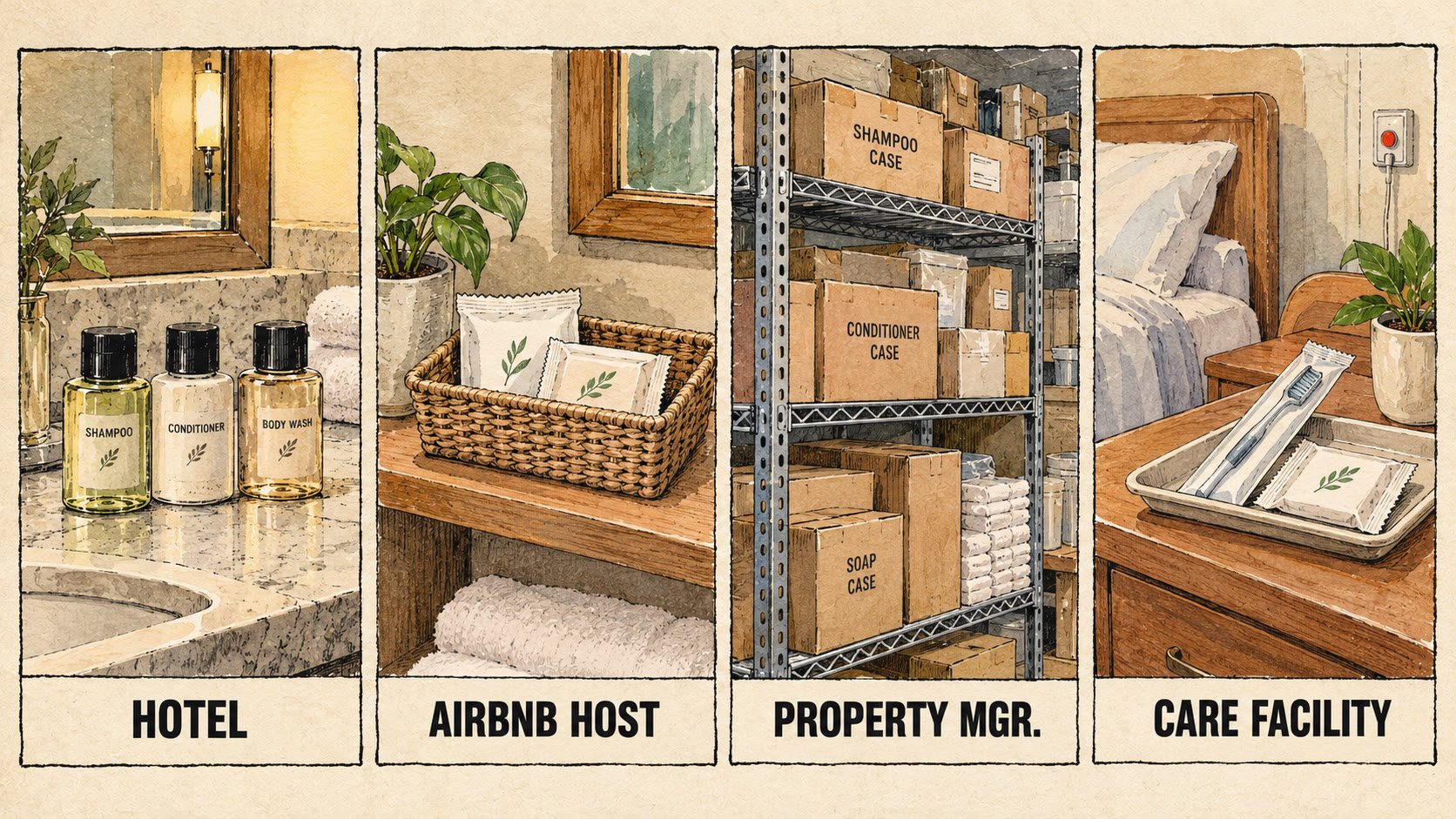 Bulk toiletry sourcing illustrated by property type: hotel, Airbnb host, property manager, and care facility