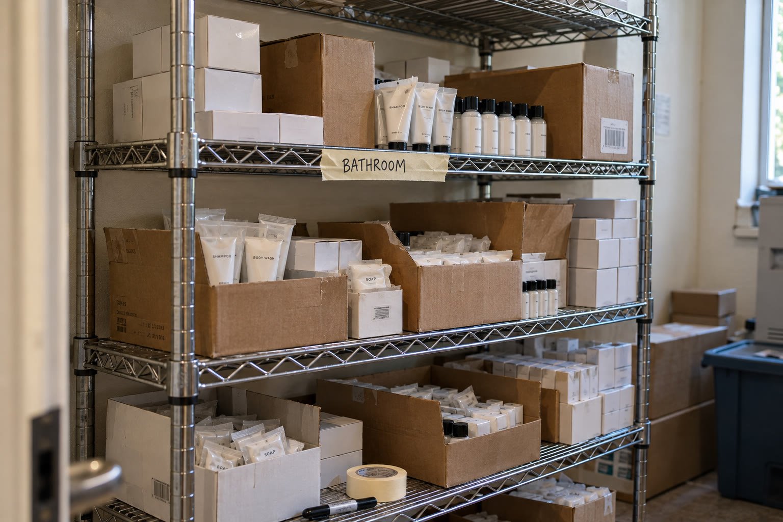 Editorial photograph of a hospitality utility storage room with wire shelving holding partially depleted cases of guest amenities, handwritten shelf labels, and a slight natural disorder suggesting real back-of-house operations