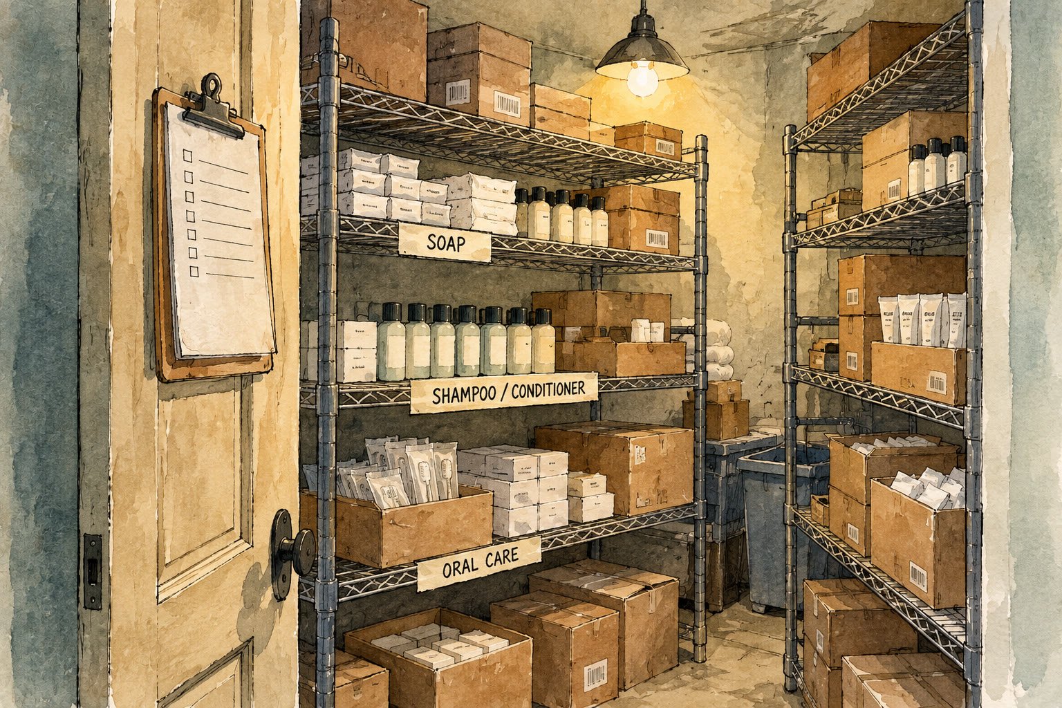 Ink and watercolor illustration of a hospitality supply room with labeled shelving rows for soap, shampoo, and oral care products