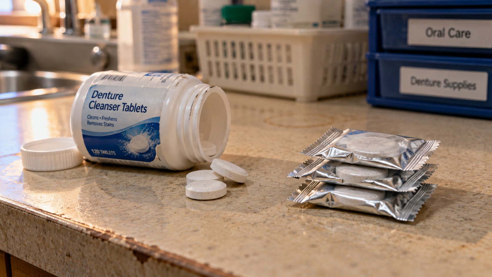 Documentary photo comparing an open shared bottle of denture tablets next to three sealed individually wrapped tablets on a care facility countertop