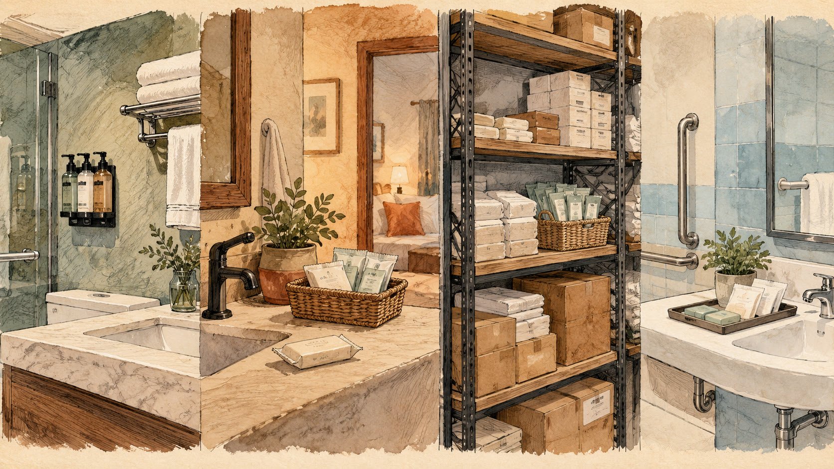 Editorial illustration of four hospitality property types — hotel room corner, Airbnb bathroom, property manager supply closet, care facility bathroom — shown side by side in wide format