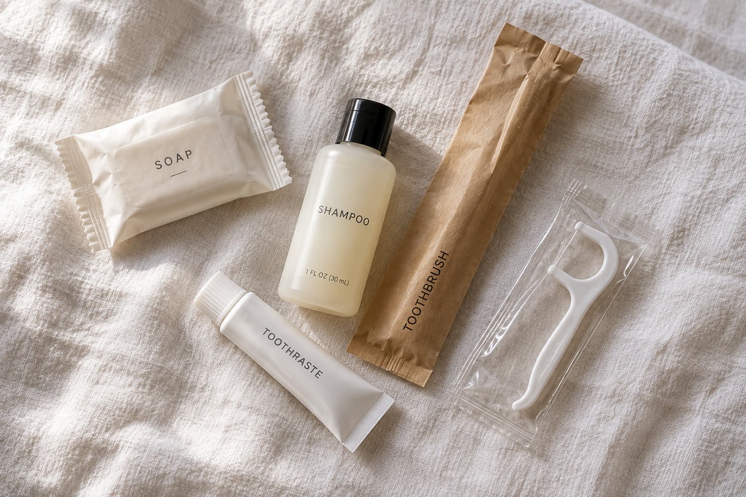 Individually wrapped hotel guest amenities including soap, shampoo, toothbrush, floss pick, and toothpaste laid out on a white linen surface