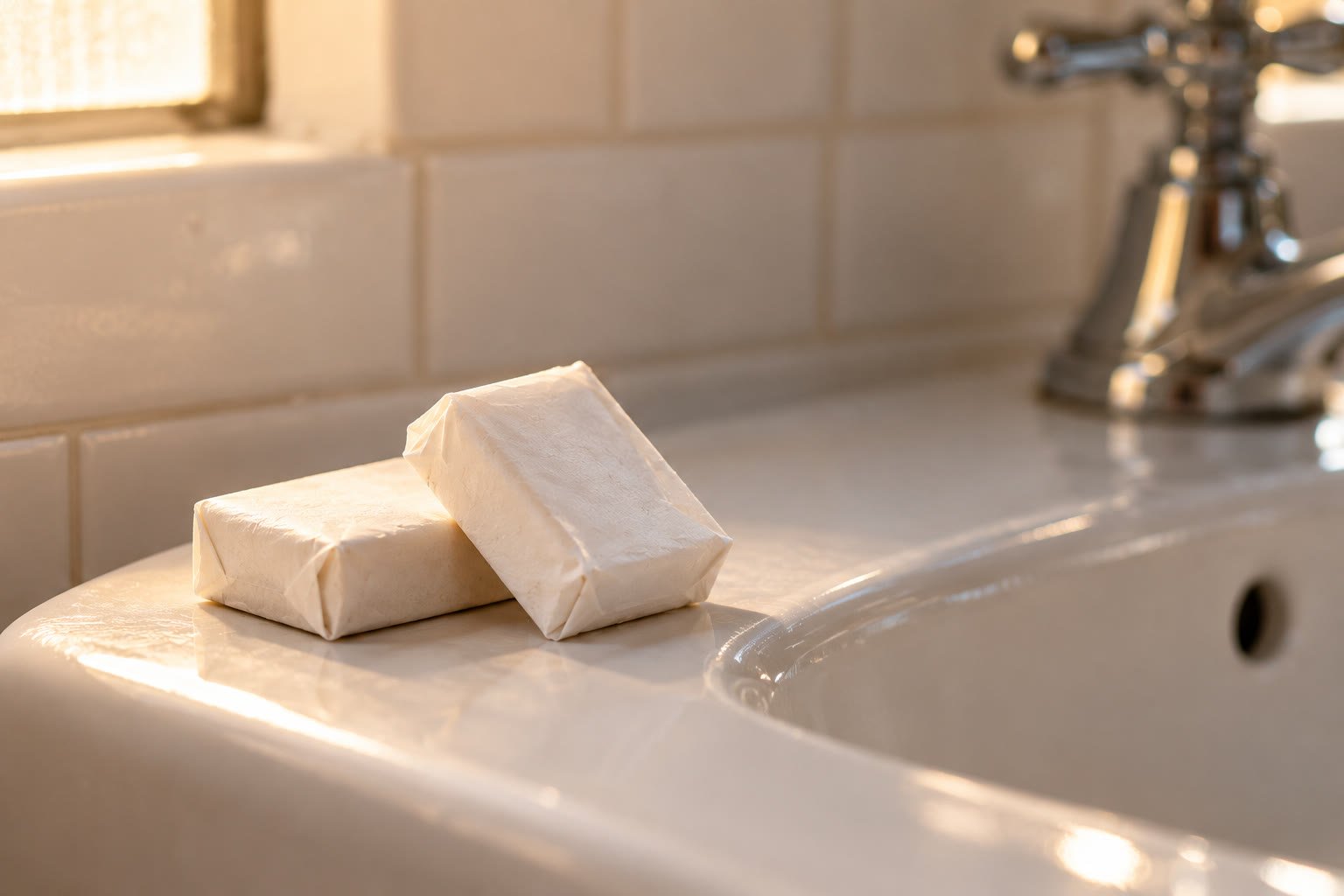 Two individually wrapped mini hotel bar soaps resting on the edge of a white hotel bathroom sink, soft natural window light, shallow depth of field, lifestyle product photography