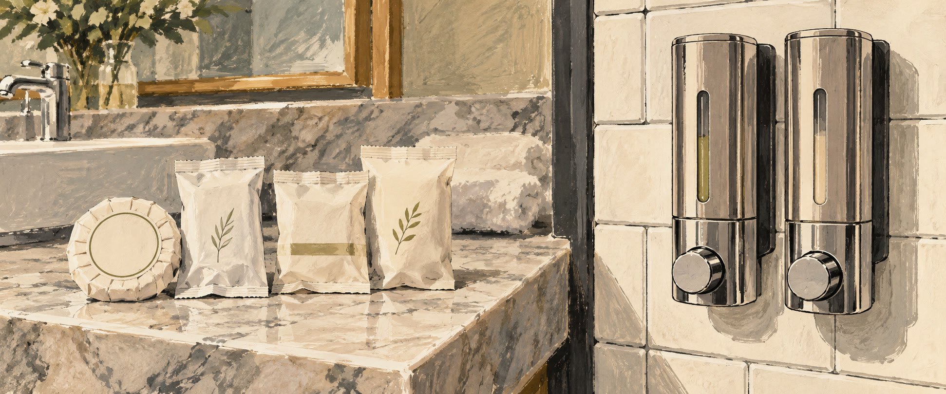 Editorial illustration comparing two hotel bathroom counters side by side — individually wrapped amenities on marble on the left, wall-mounted chrome dispensers on tile on the right