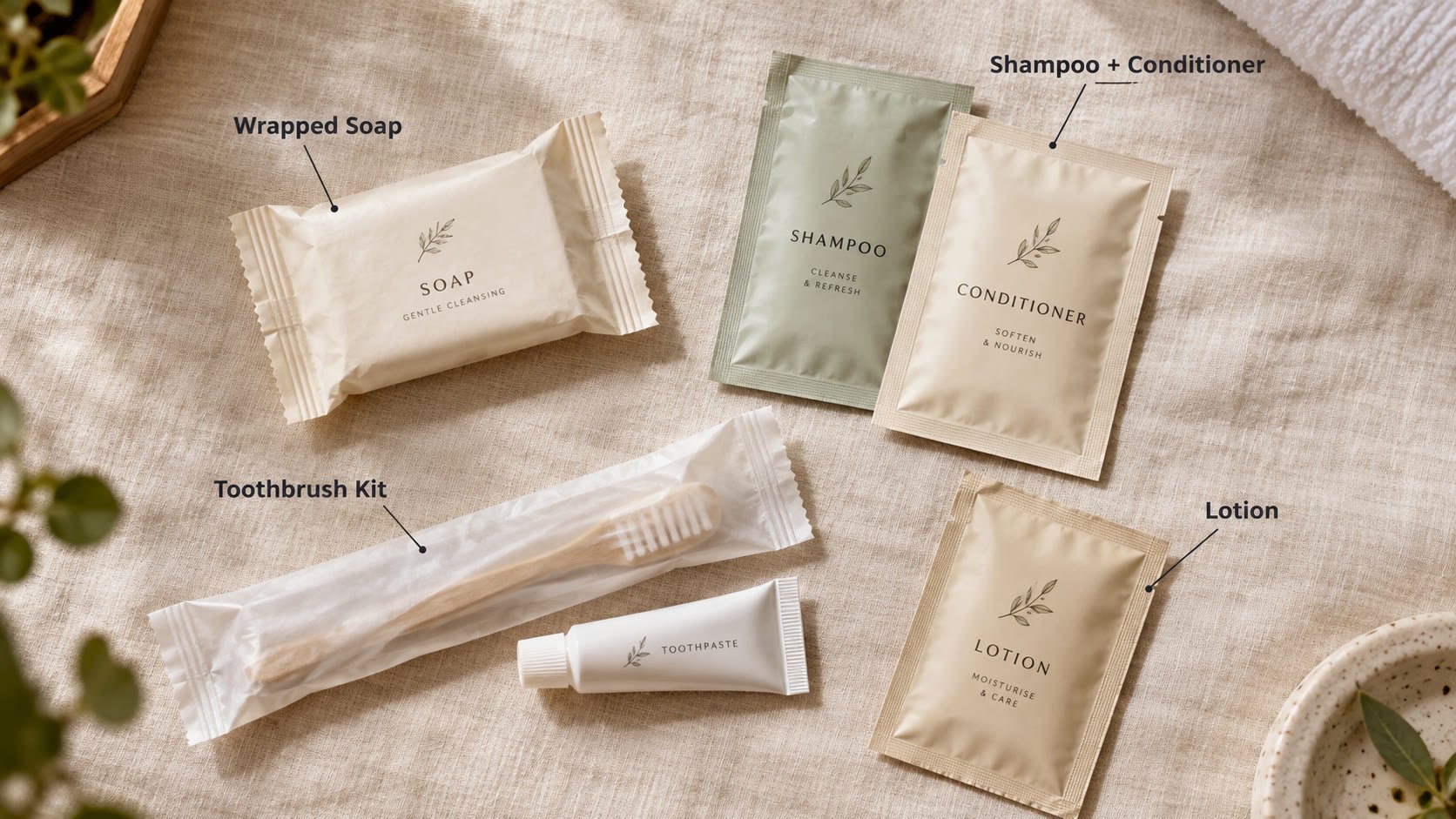Individually wrapped soap, shampoo, conditioner, toothbrush and toothpaste arranged as vacation rental bathroom essentials