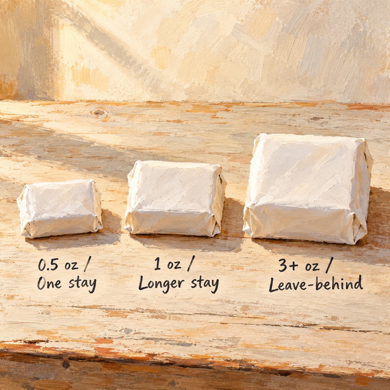 Gouache painting of three individually wrapped hotel bar soaps side by side showing size progression: small 0.5 oz bar, medium 1 oz bar, and full-size 3 oz bar on a pale wooden surface