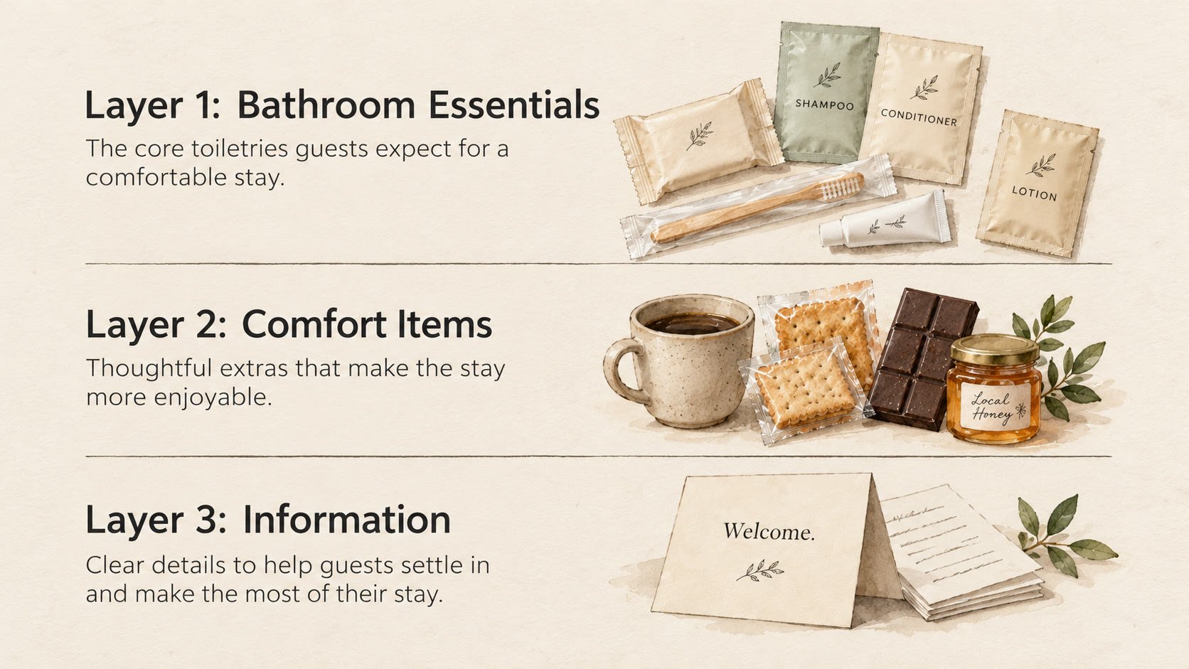 Three-layer vacation rental welcome basket framework showing bathroom essentials, comfort items, and guest information card together