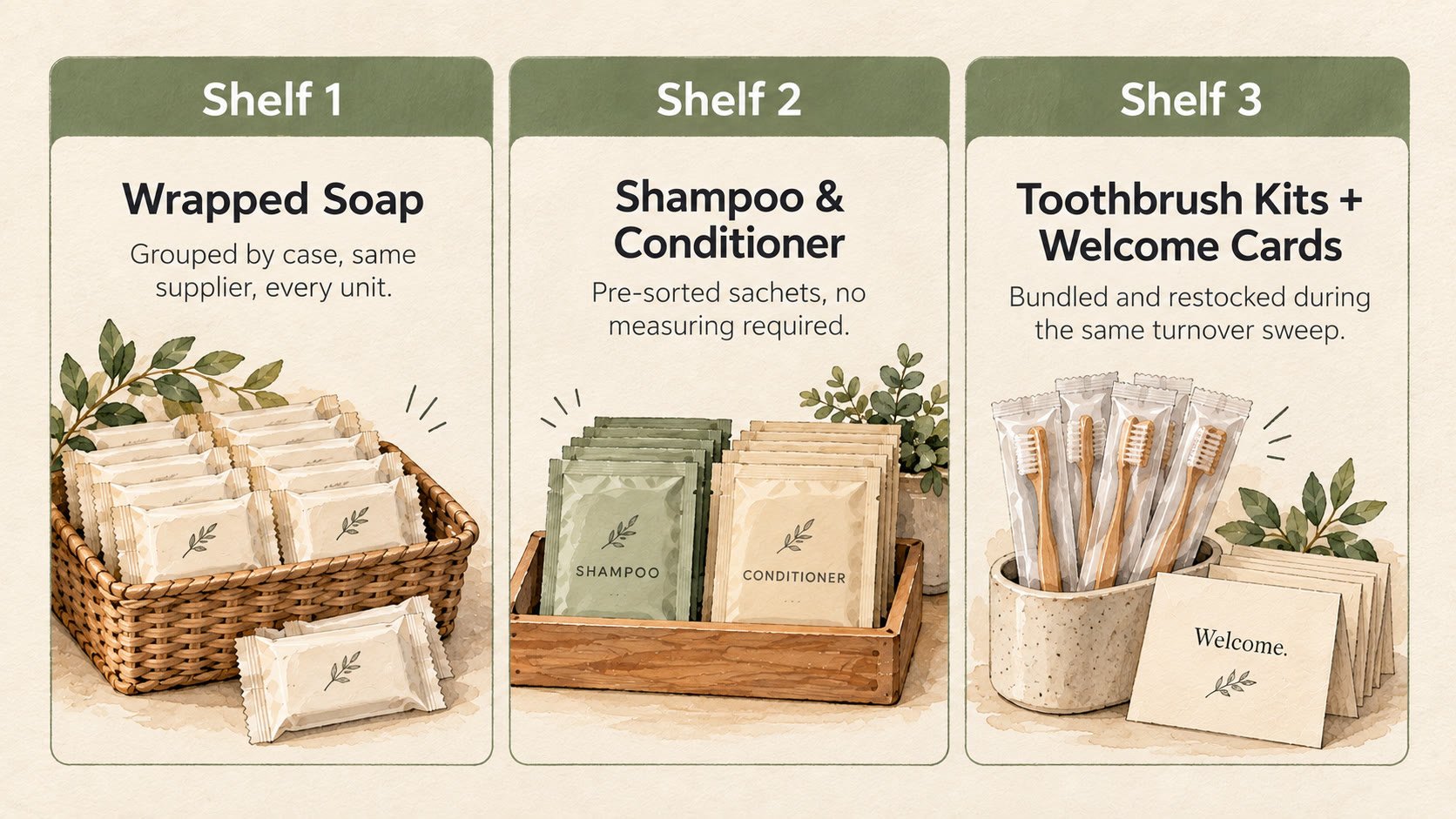 Organized amenity supply storage shelf for short-term rental hosts stocking multiple vacation rental units with wrapped soap, shampoo, and toothbrush packets