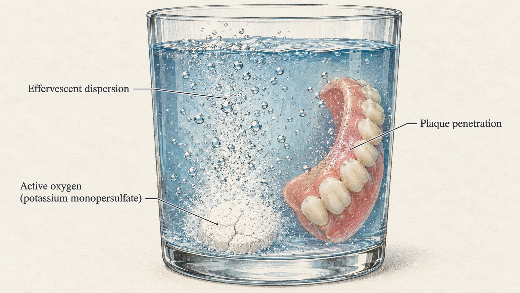 Scientific illustration showing a denture cleaning tablet dissolving in warm water and releasing active oxygen bubbles to clean a submerged denture