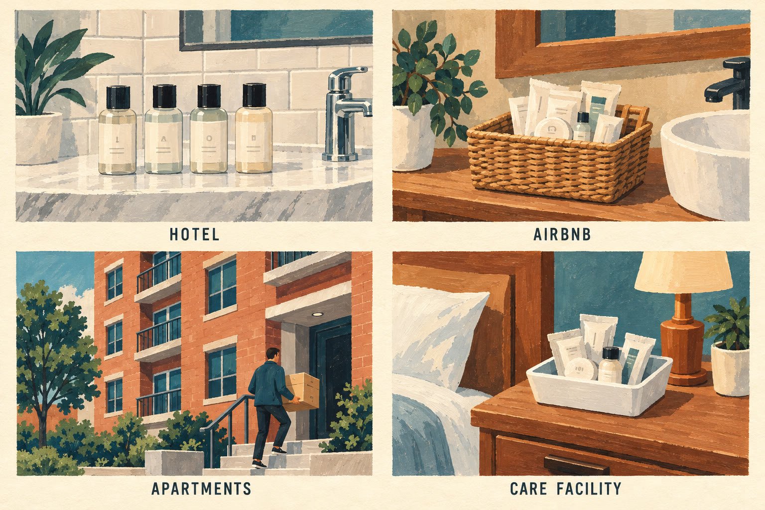 Gouache illustration showing four hospitality settings: a hotel bathroom, an Airbnb bathroom, an apartment building entrance with supply delivery, and a care facility bedside table with amenities