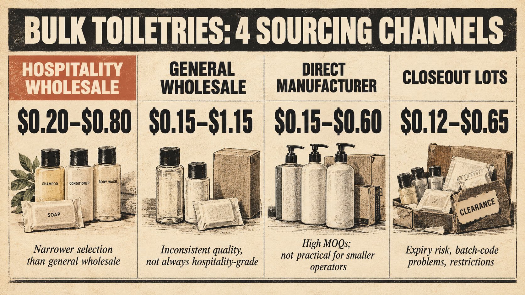 Four bulk toiletry sourcing channels compared: hospitality wholesale, general wholesale, direct manufacturer, and closeout lots with per-unit pricing