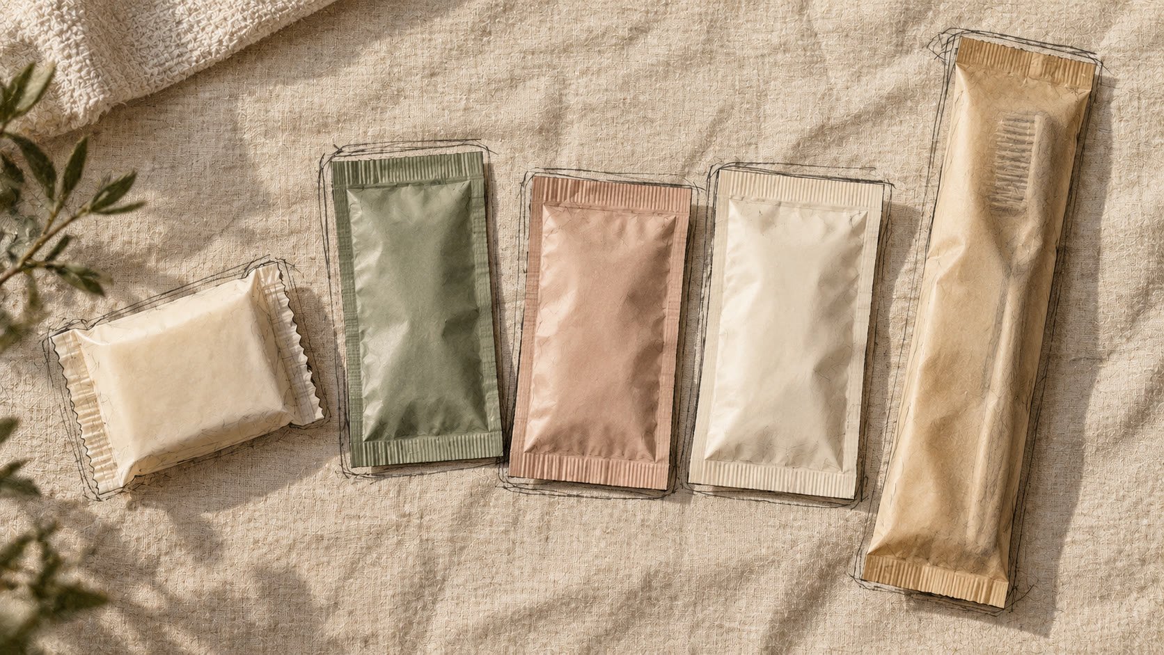 Complete set of individually wrapped personal care products arranged as a unified system on cream linen — soap, shampoo sachet, conditioner, lotion packet, dental kit