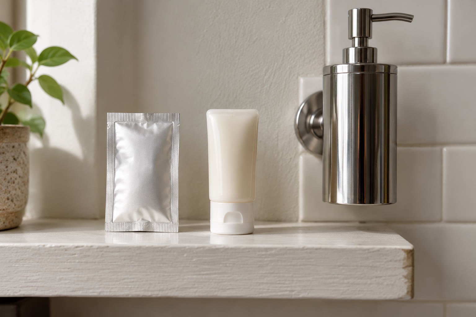 Three hotel amenity formats side by side on a bathroom shelf: a foil packet, a travel bottle, and a wall dispenser