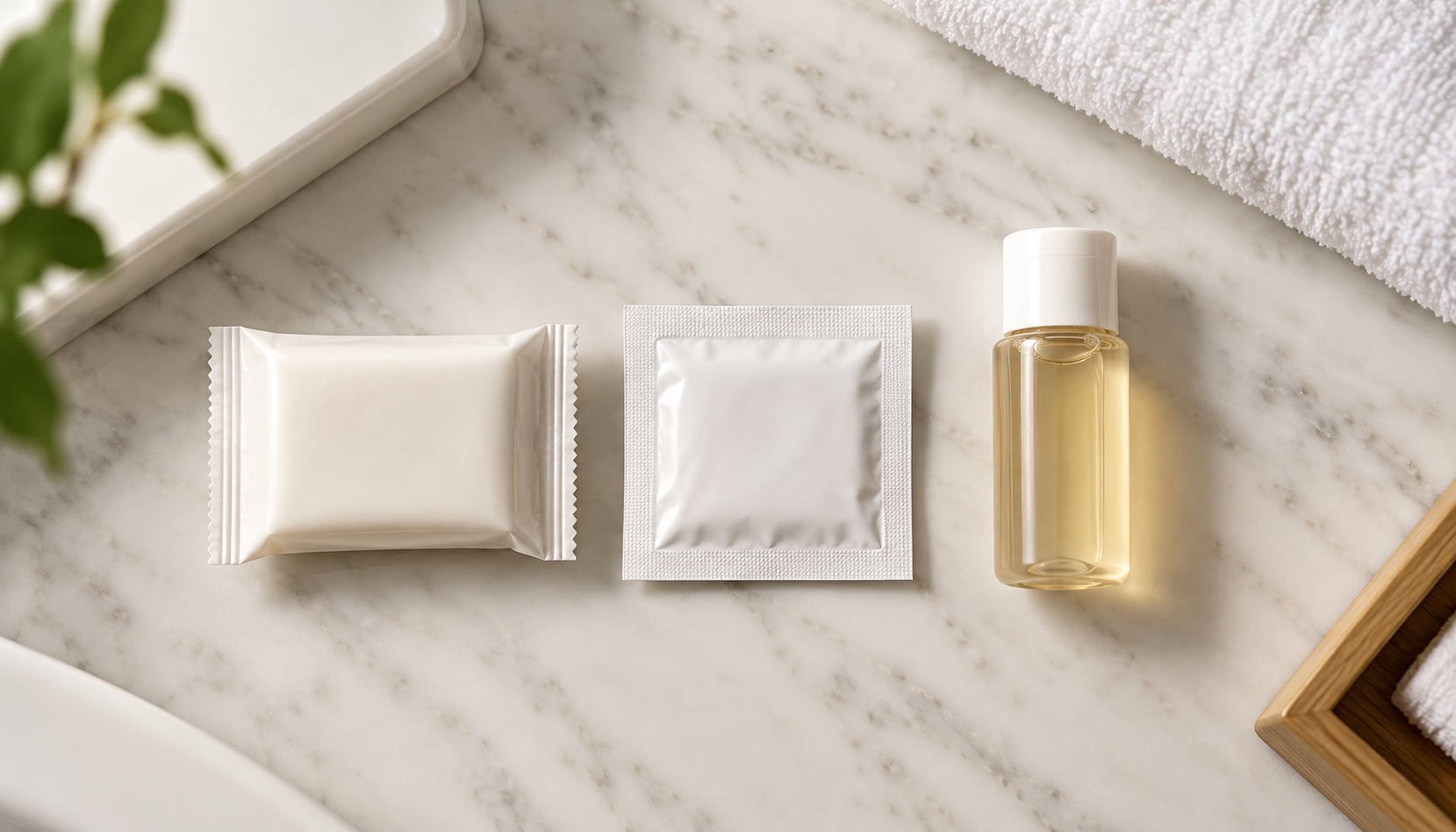 Individually wrapped wet wipe packet placed visibly on a hotel bathroom vanity next to a wrapped soap bar and travel shampoo