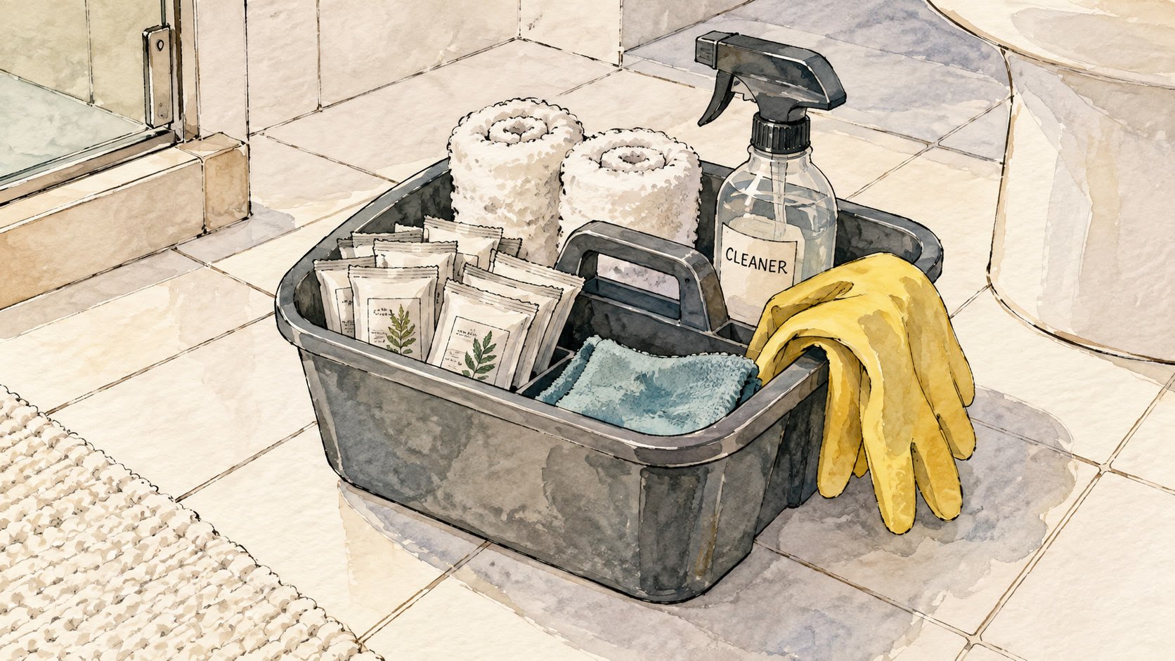 Editorial ink and watercolor illustration of a housekeeper's cleaning caddy on a bathroom tile floor filled with individually wrapped toiletry sachets, rolled towels, and a spray bottle, mid-turnover scene