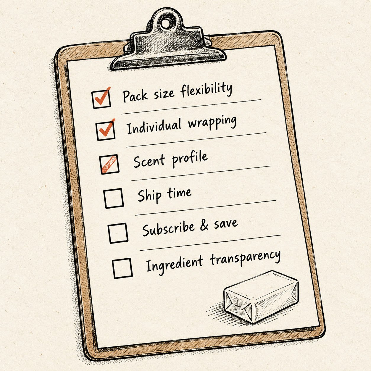 Editorial line illustration of a supplier evaluation checklist for hotel soap: pack size flexibility, individual wrapping, scent profile, ship time, subscription option, ingredient transparency — drawn on a clipboard