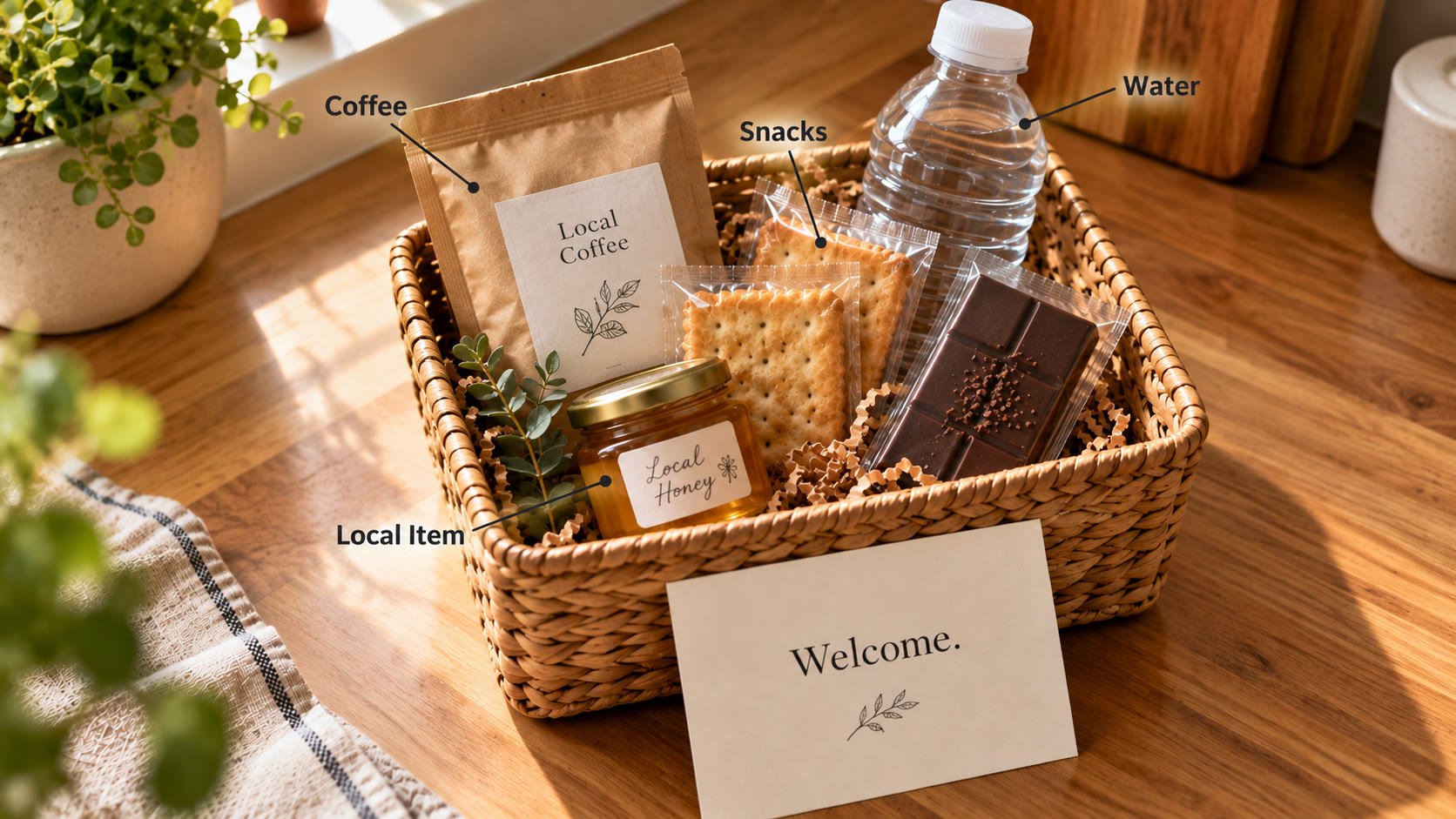 Vacation rental welcome basket with coffee, snacks, local honey jar, and a handwritten welcome note on a kitchen counter