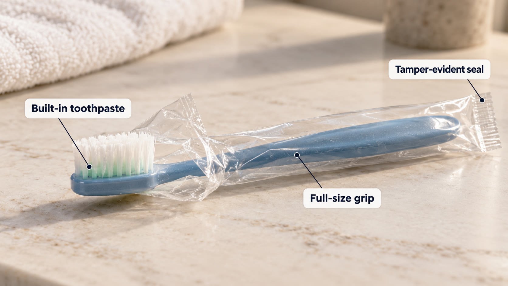 Pre-pasted disposable toothbrush showing toothpaste embedded in bristles and individual sealed packaging