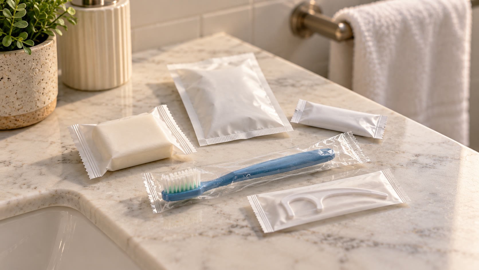 Vacation rental bathroom counter with individually wrapped guest amenities including toothbrush and toiletries arranged for guest turnover