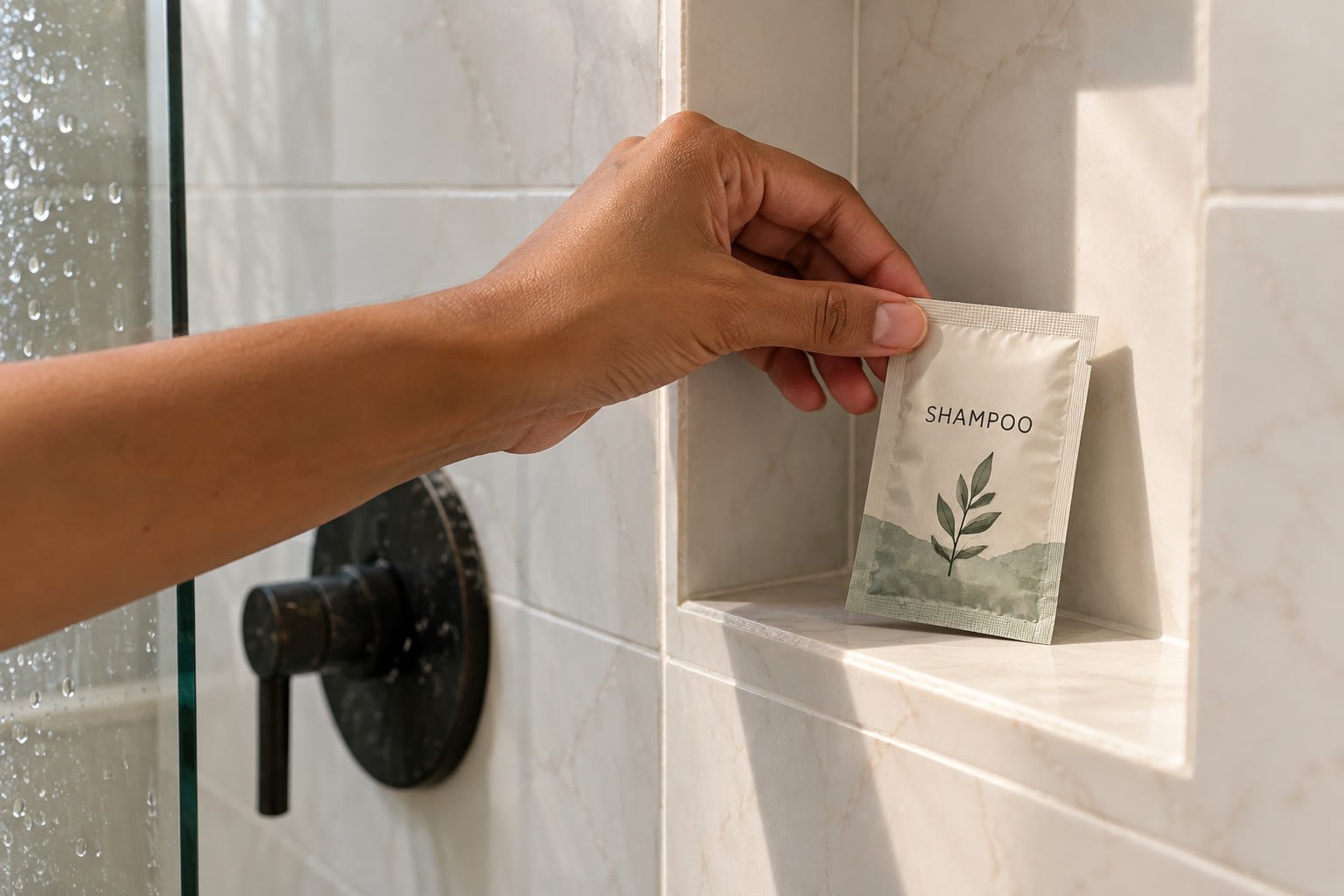 Lifestyle photograph of a hand placing a sealed individually wrapped toiletry sachet onto a clean recessed shower shelf, matte white tiles, warm natural sidelight, shallow depth of field
