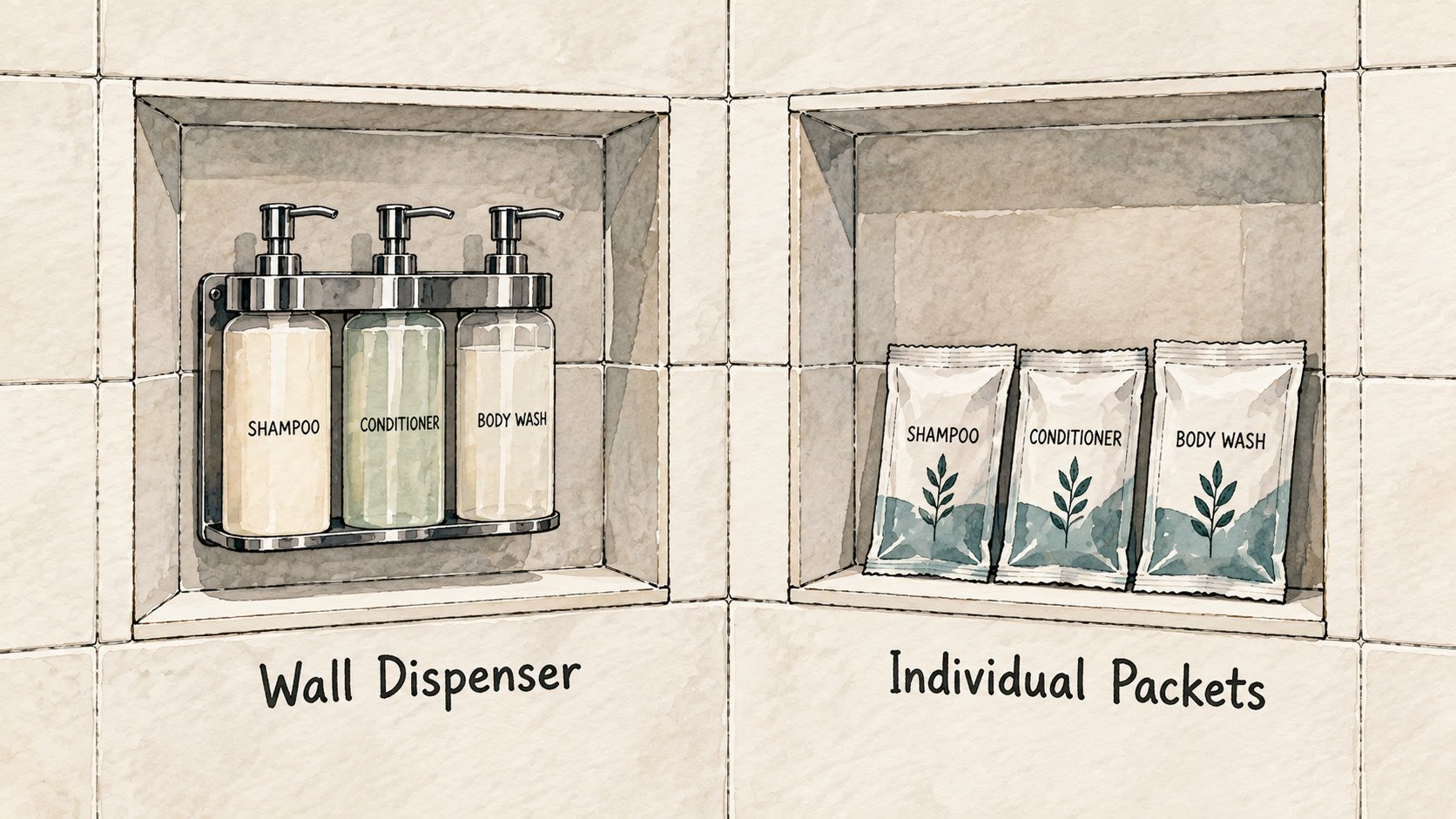 Hand-drawn instructional diagram comparing a wall-mounted soap dispenser in a shower niche on the left and individually wrapped toiletry packets in a shower niche on the right, mid-century illustration style with hand-lettered labels