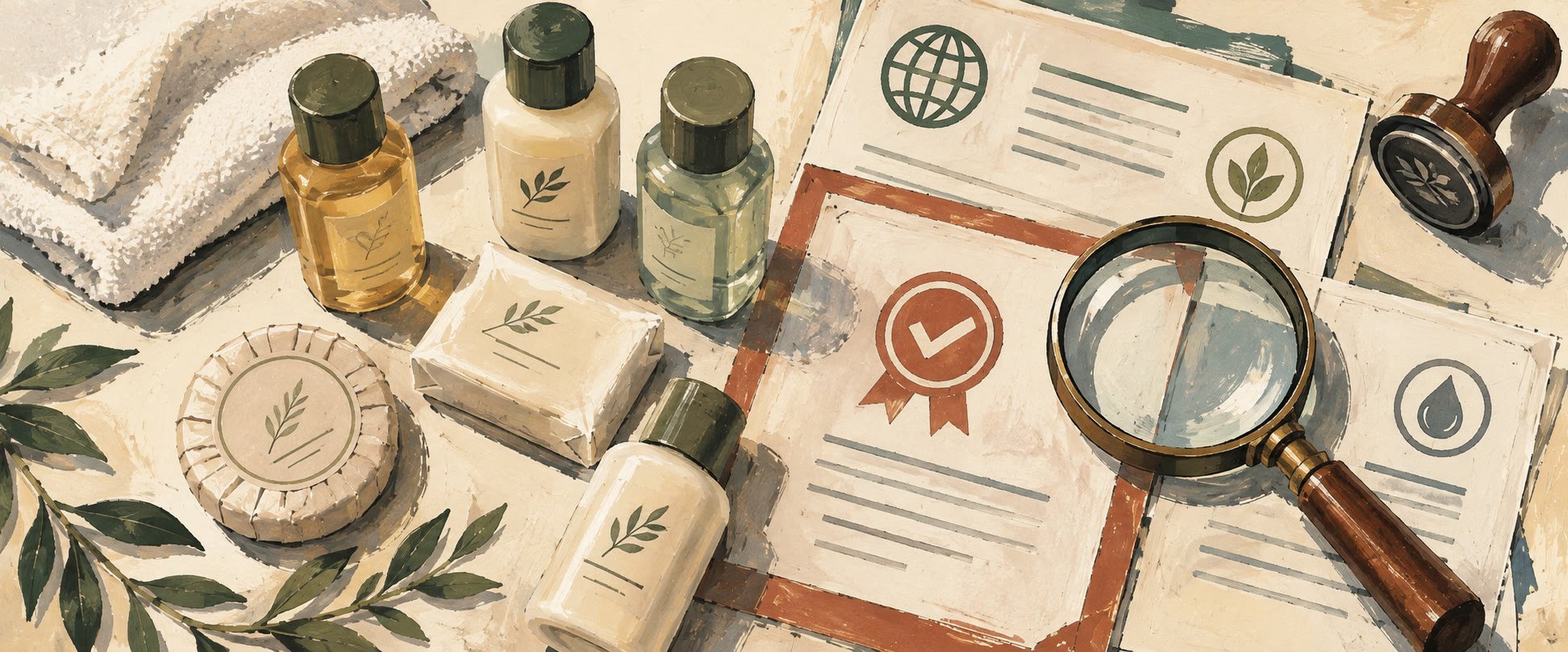 Gouache and ink illustration of hotel amenity bottles and bar soap arranged flat-lay style with certification documents, a rubber stamp, and a magnifying glass