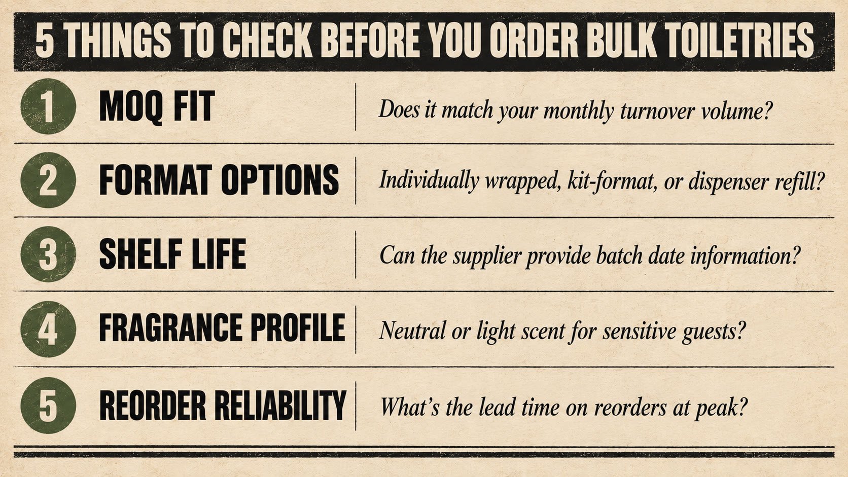Five supplier evaluation criteria for buying bulk toiletries: MOQ fit, format options, shelf life, fragrance profile, and reorder reliability