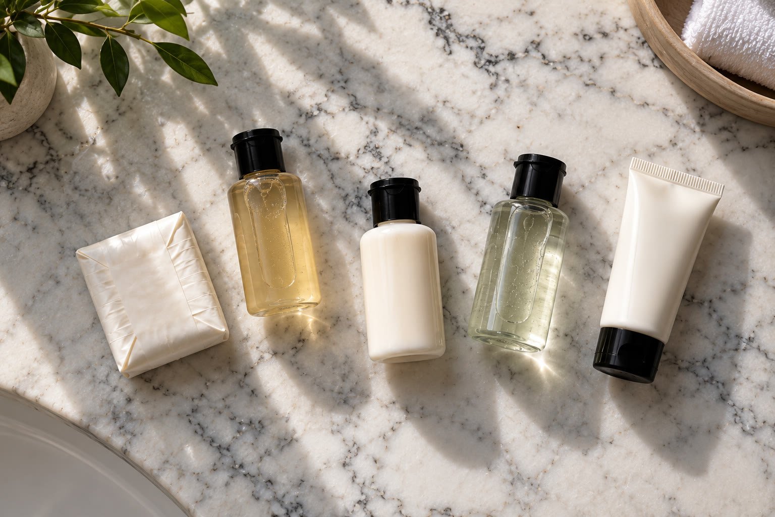 Five core hotel bathroom amenity items arranged on a marble counter