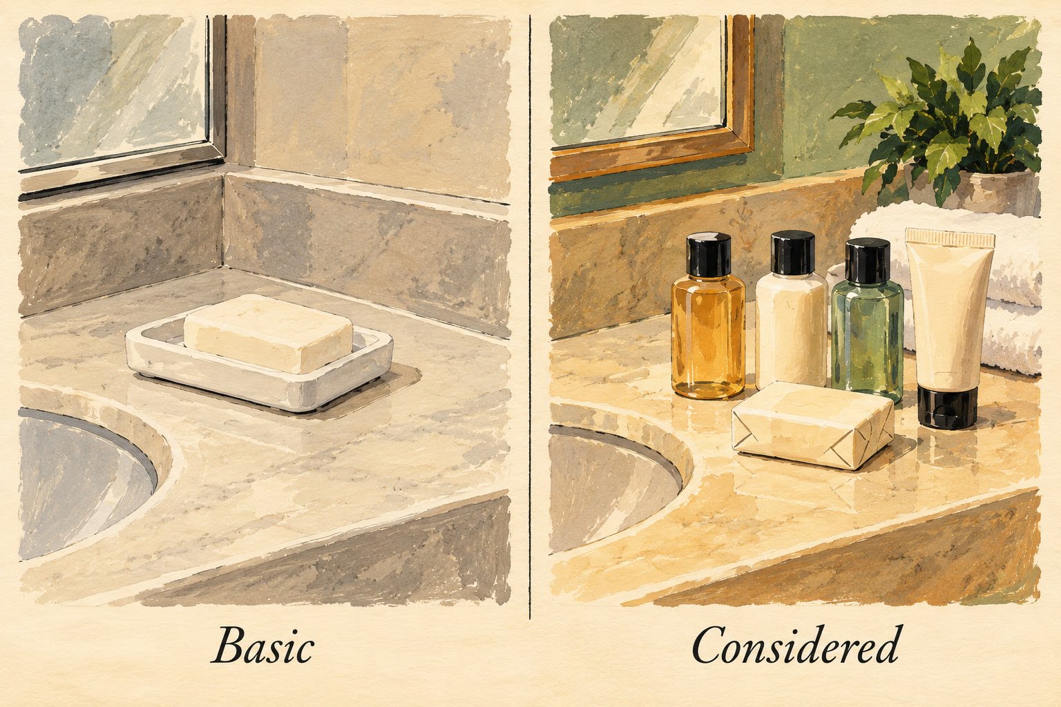 Editorial illustration comparing a basic and a considered hotel bathroom amenity setup