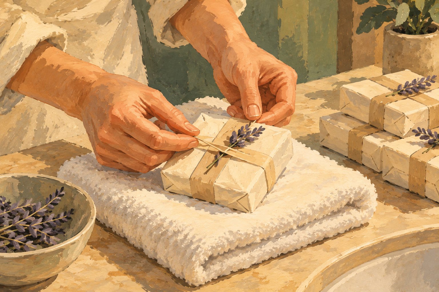 Gouache editorial illustration of hands tying a lavender-sprig band around a wrapped bar of soap on a folded hotel towel